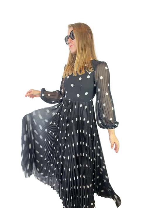 Zimmermann Dress Size 0 AU 6-8 US 2-5 Sunray Midi Pleated Polkadot Black Elegant