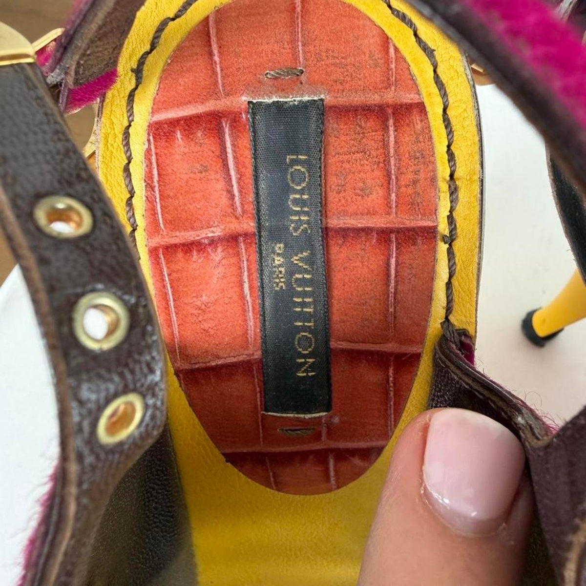 Louis Vuitton multicolored sandals with gold buckles and straps in magenta, orange, and yellow #luxury #designer