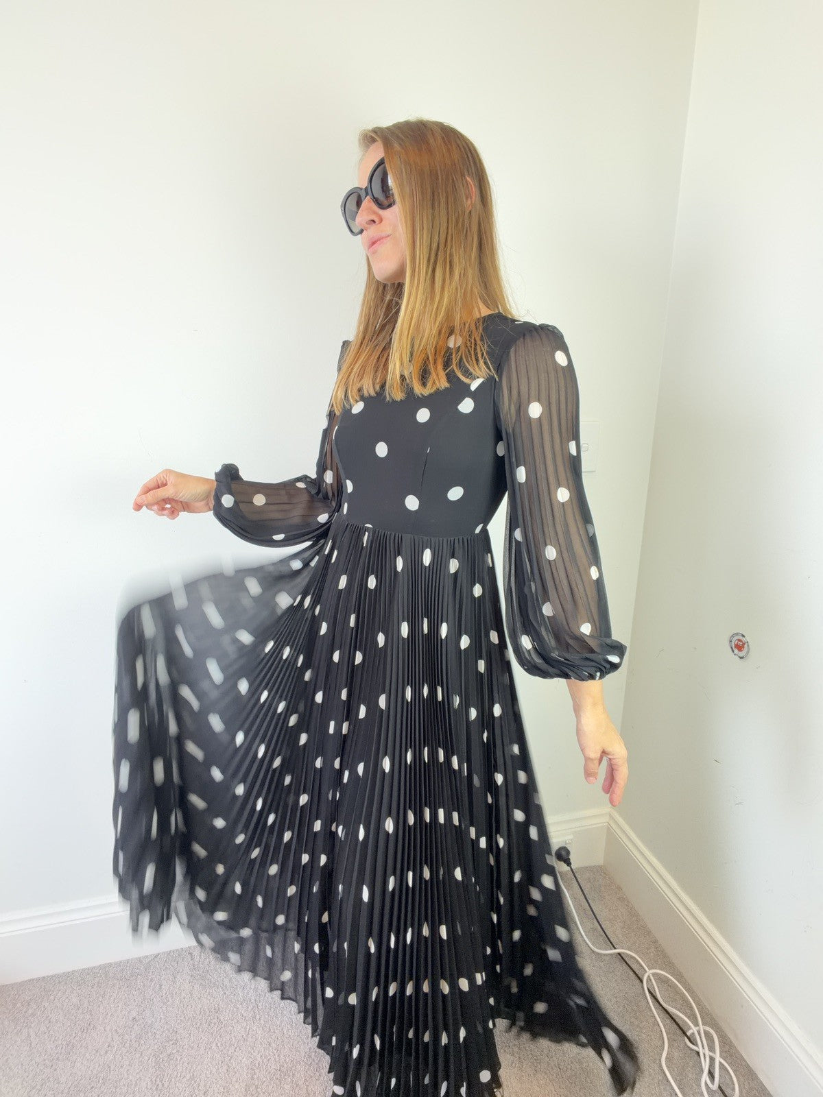 Zimmermann Dress Size 0 AU 6-8 US 2-5 Sunray Midi Pleated Polkadot Black Elegant