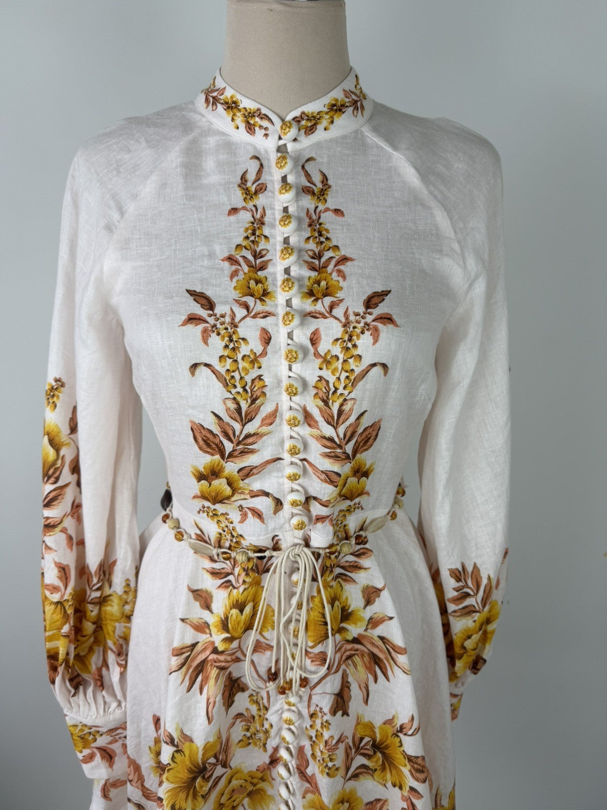 ZIMMERMANN Vacay Beaded Belted Floral-Print Linen Mini Dress Size 1 AU 10 US 4