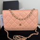 Chanel WOC pink quilted leather wallet with gold hardware #luxury #designer