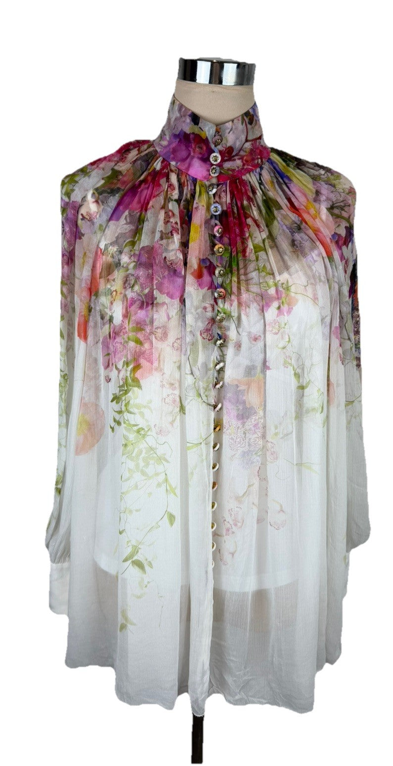 ZIMMERMANN White Floral Prima Smock Ruched Blouse - size 0/8 uk/4 us