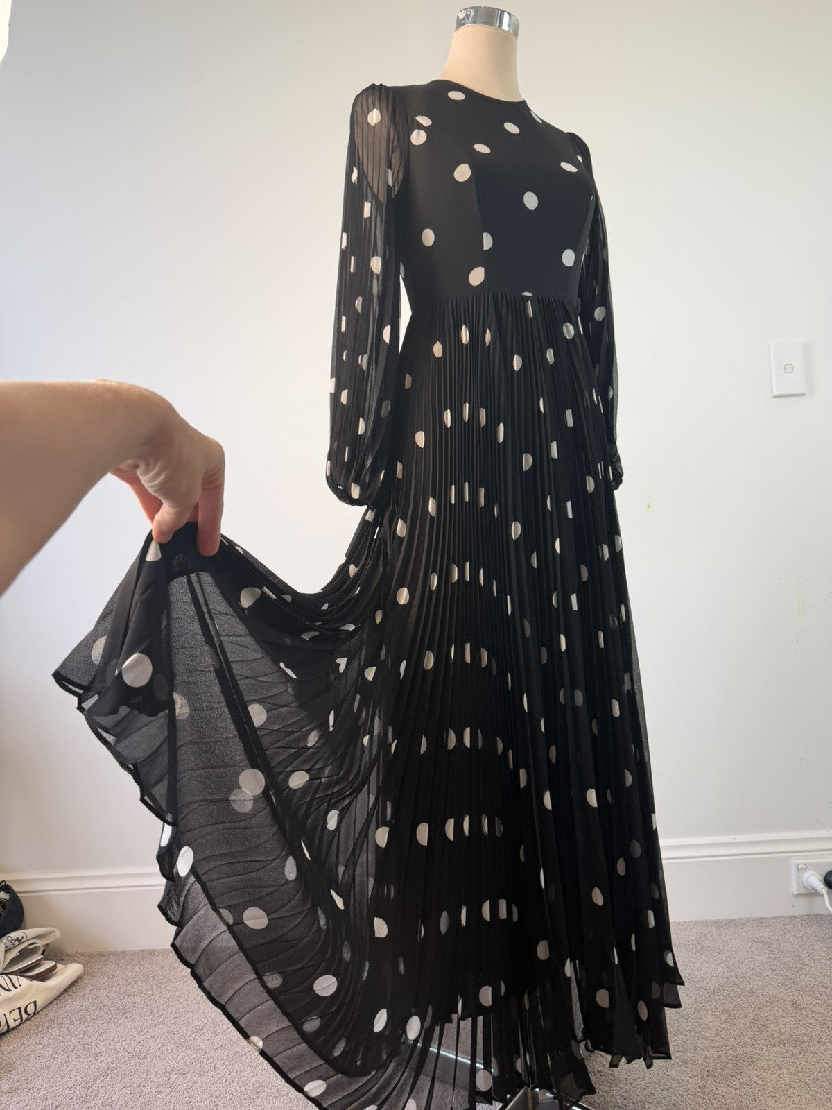 Zimmermann Dress Size 0 AU 6-8 US 2-5 Sunray Midi Pleated Polkadot Black Elegant