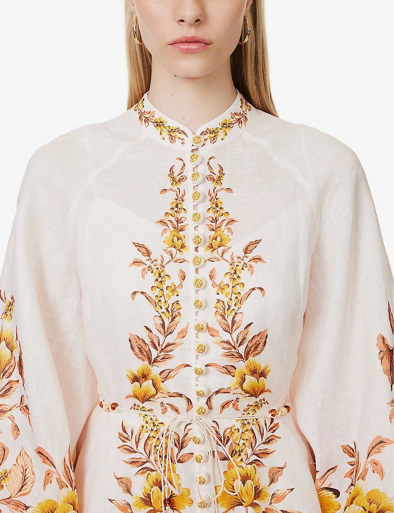 ZIMMERMANN Vacay Beaded Belted Floral-Print Linen Mini Dress Size 1 AU 10 US 4