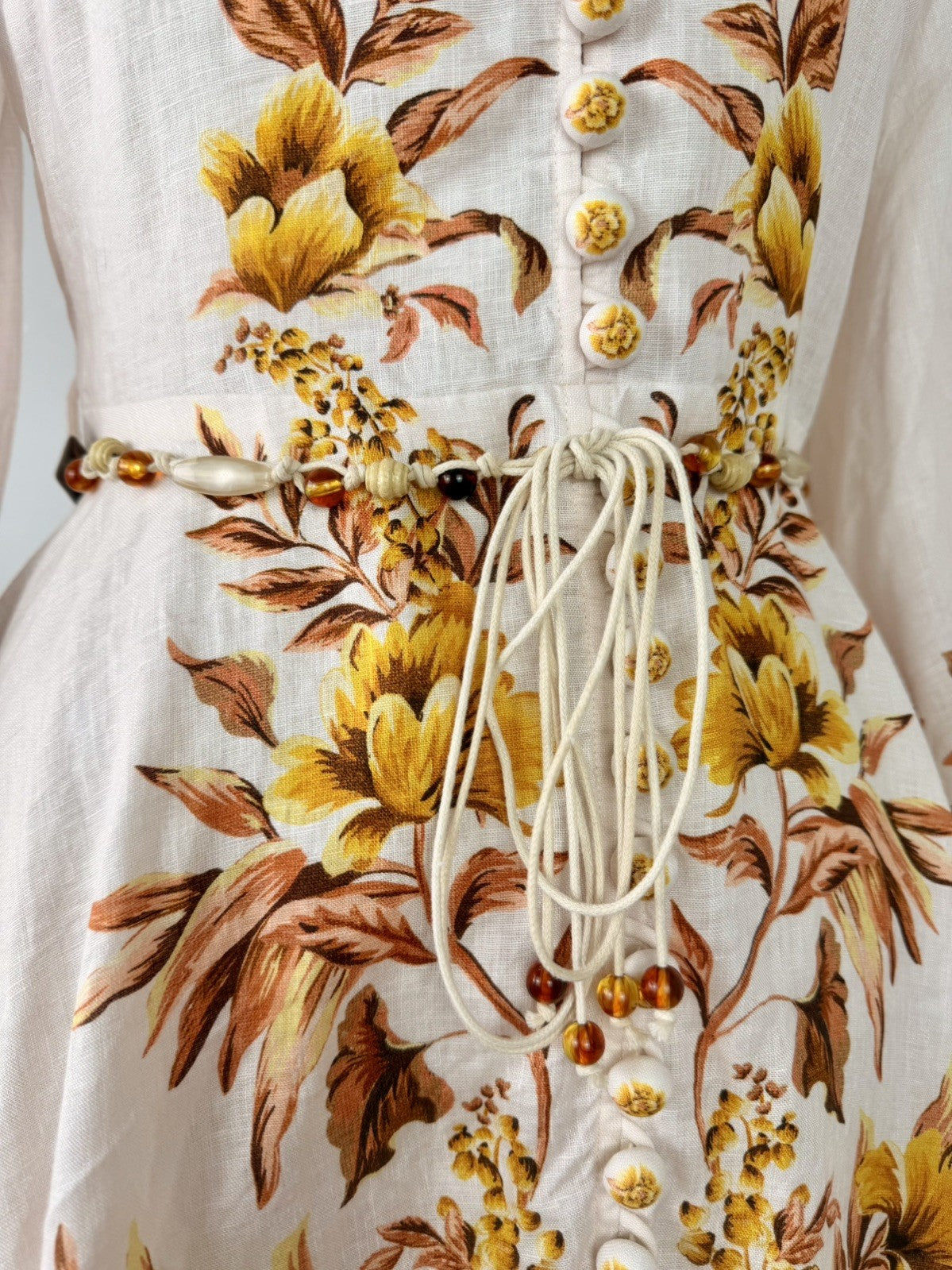 ZIMMERMANN Vacay Beaded Belted Floral-Print Linen Mini Dress Size 1 AU 10 US 4