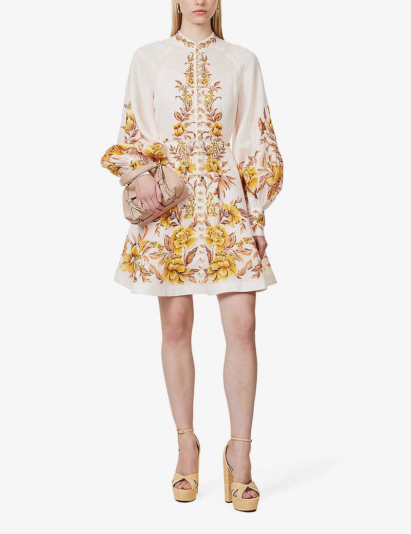 ZIMMERMANN Vacay Beaded Belted Floral-Print Linen Mini Dress Size 1 AU 10 US 4