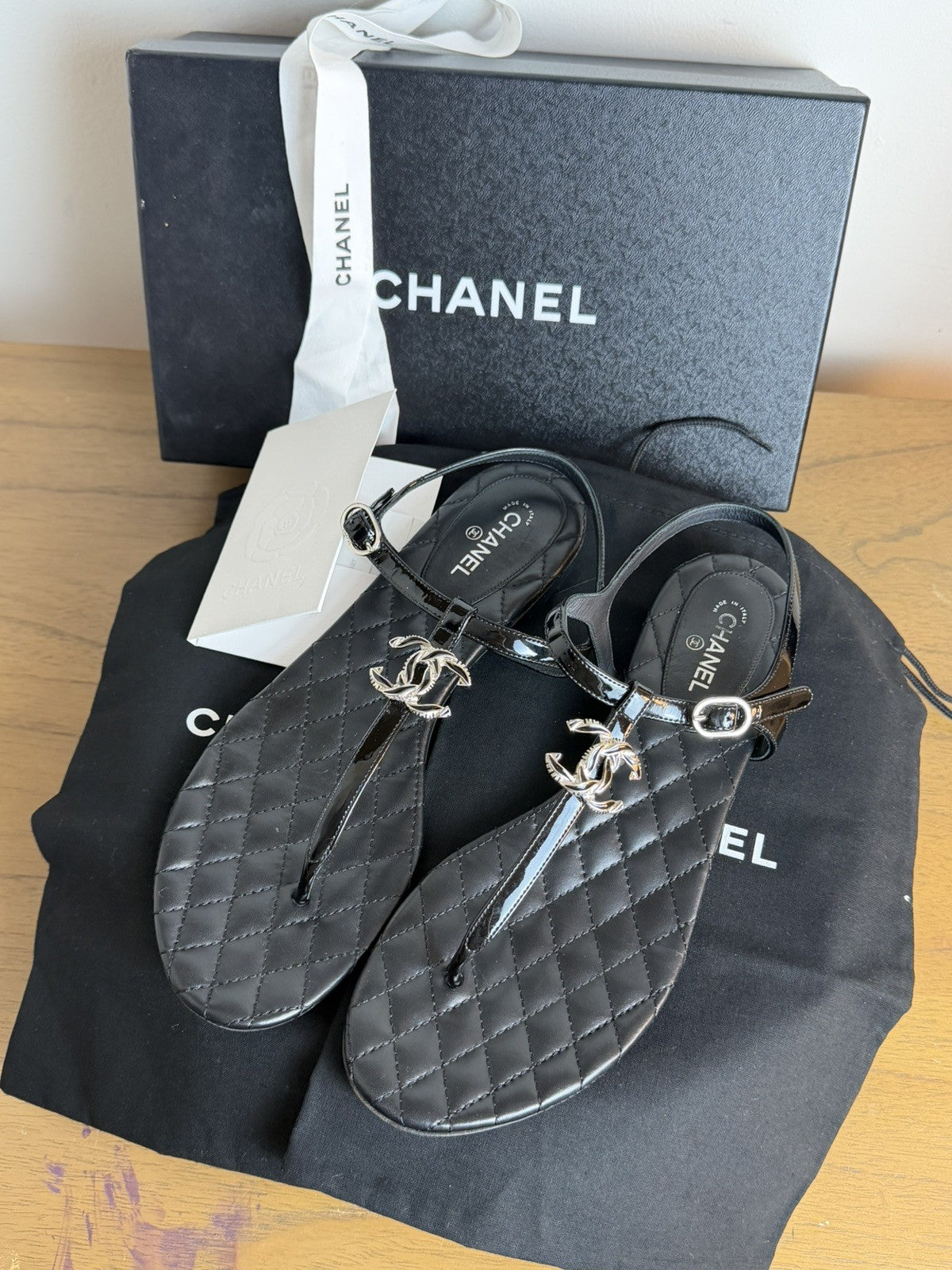CHANEL Quilted CC Thong Sandals T-Strap Size 40