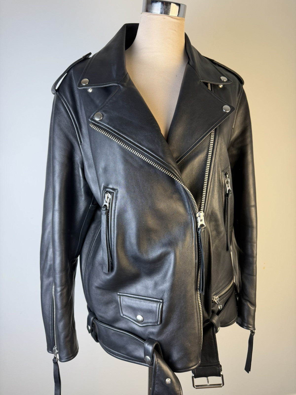 ACNE Studios Women Biker Lamb Leather Jacket Black Zip Long Sleeve Size 36