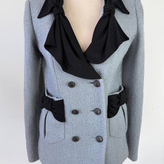 Authentic Chanel Gray wool blend blazer with black bow detail, size 38