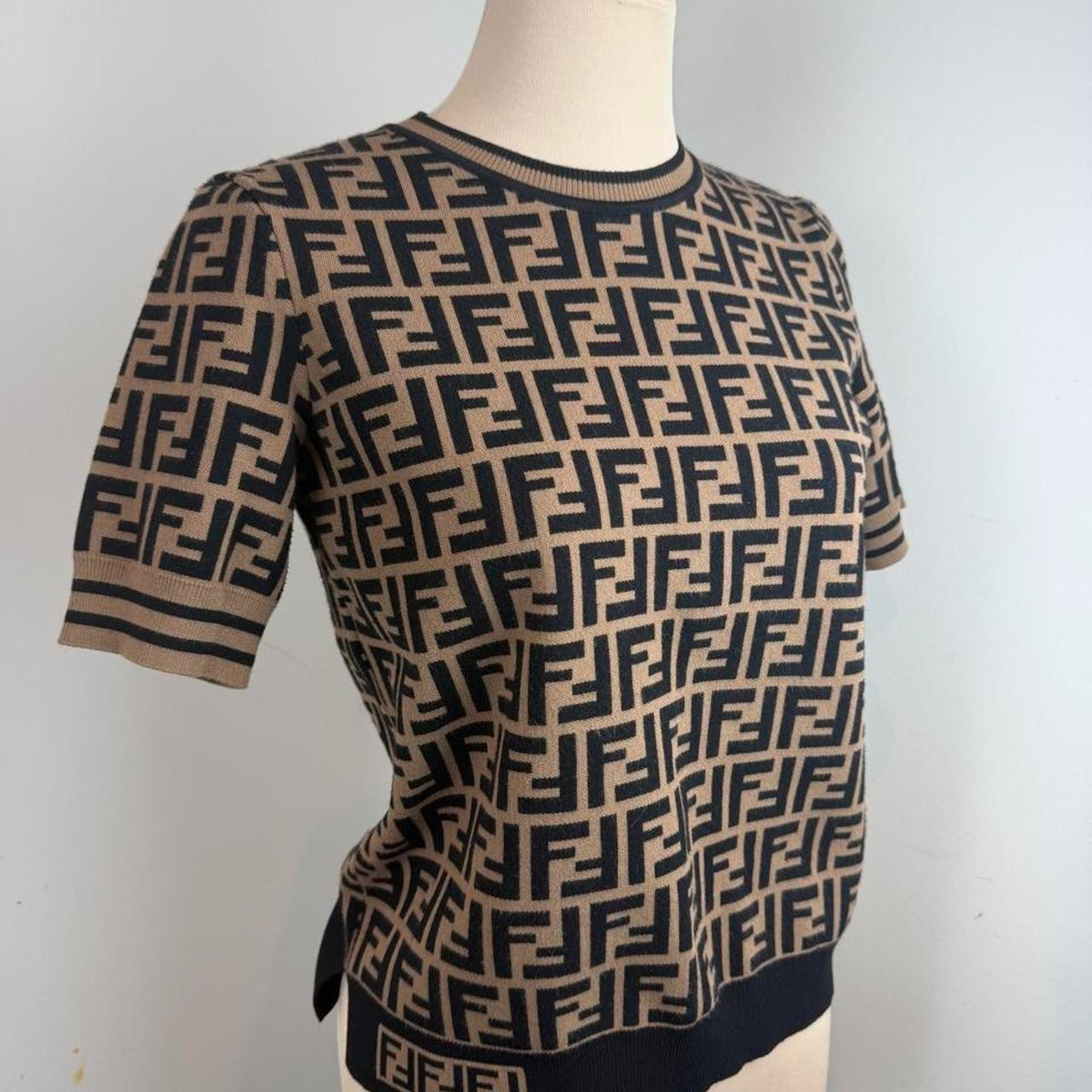 Fendi black and beige FF logo print knit top