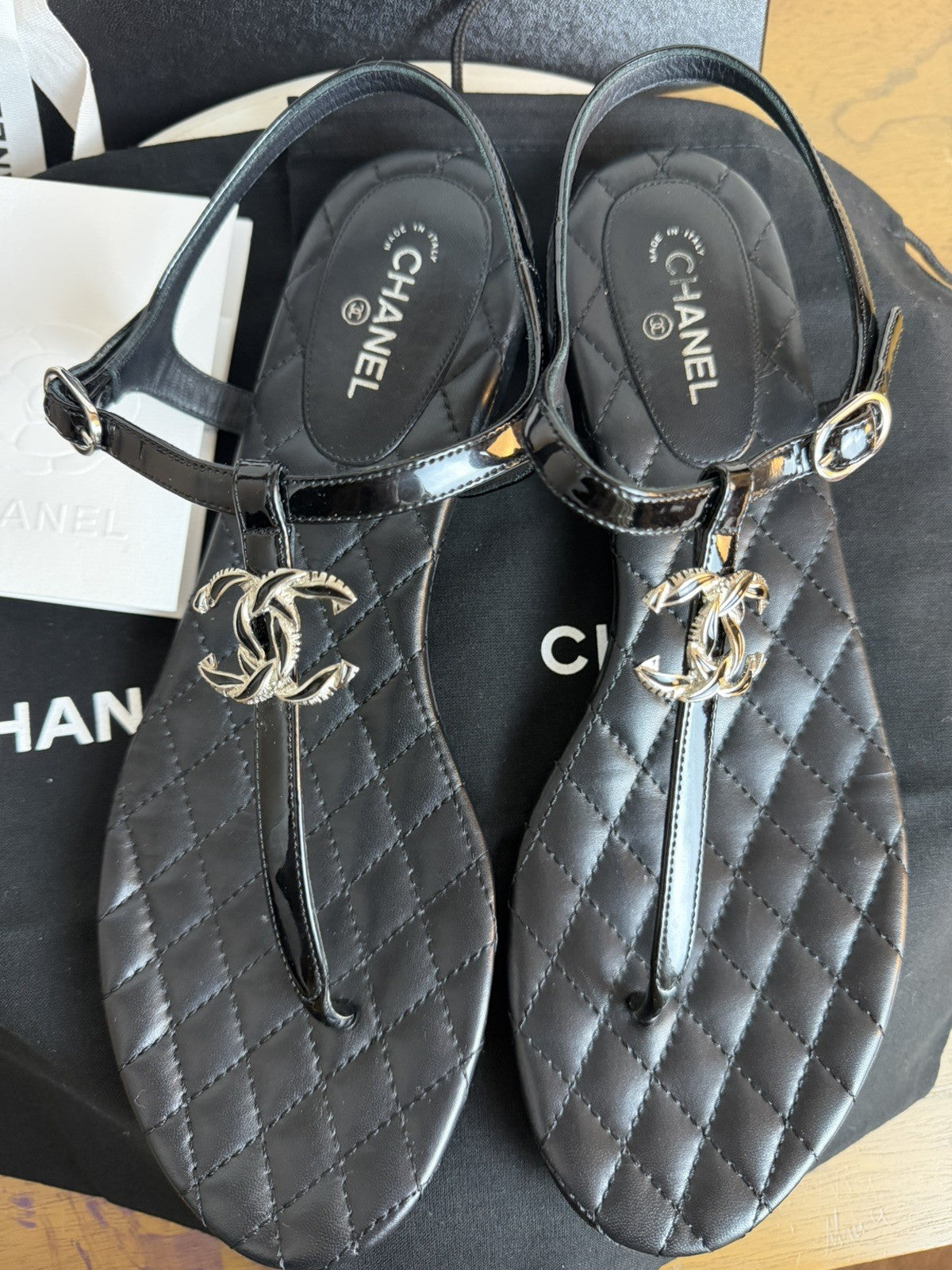CHANEL Quilted CC Thong Sandals T-Strap Size 40