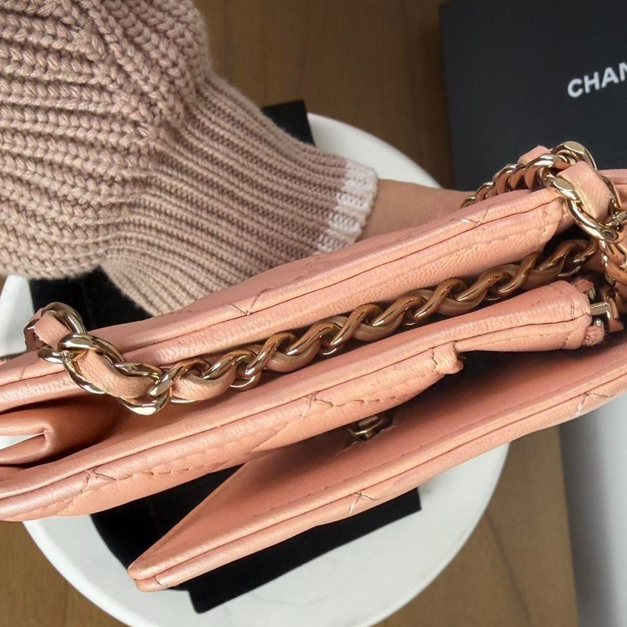 Chanel WOC pink quilted leather wallet with gold hardware #luxury #designer