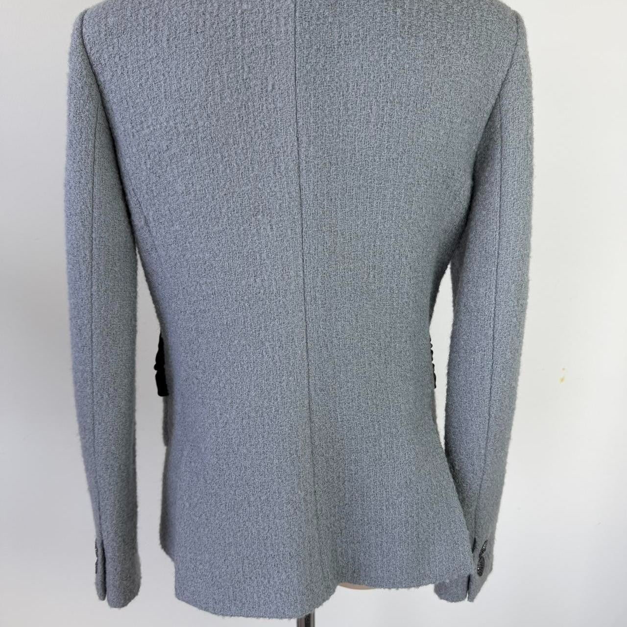Authentic Chanel Gray wool blend blazer with black bow detail, size 38