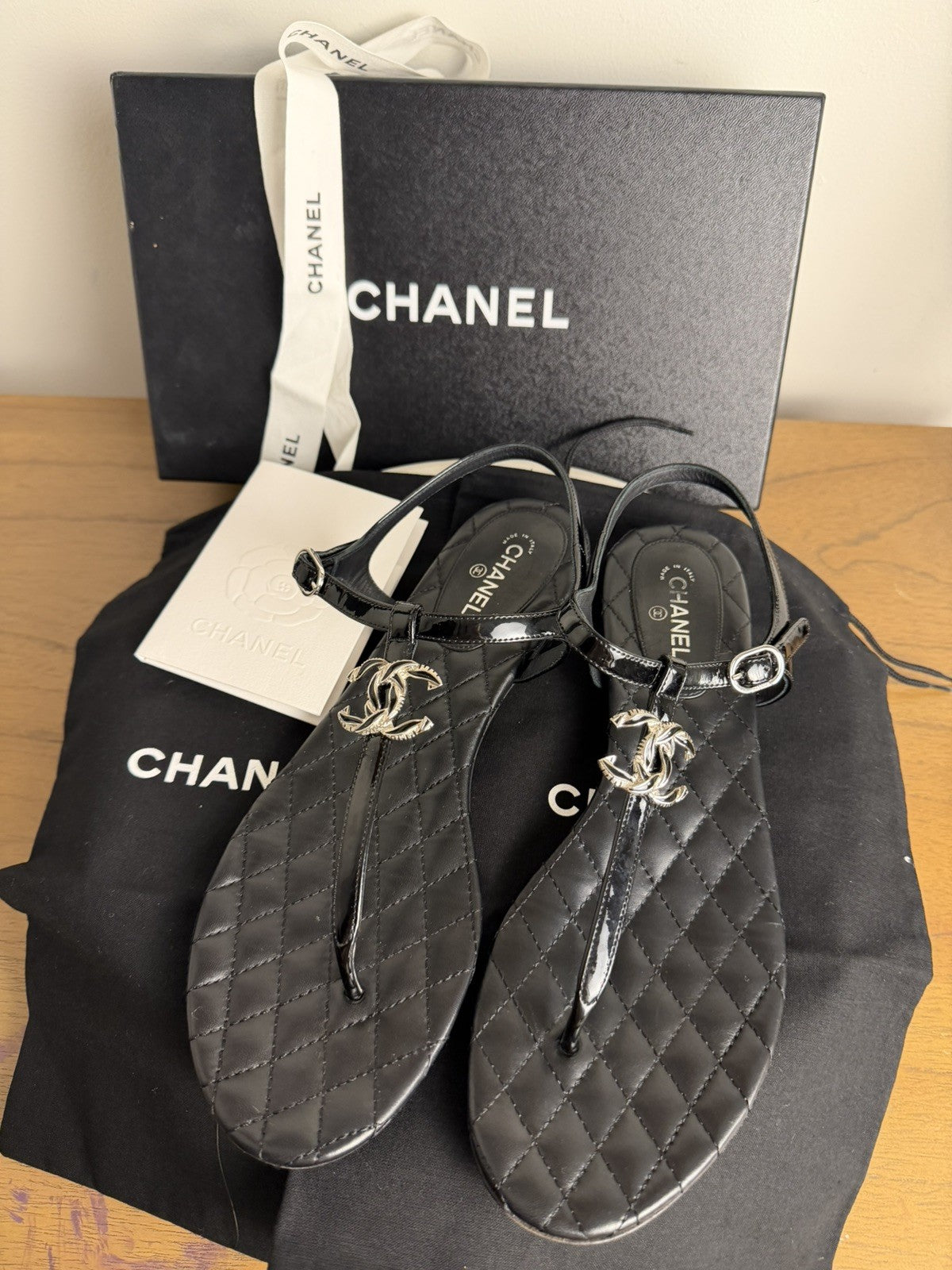 CHANEL Quilted CC Thong Sandals T-Strap Size 40