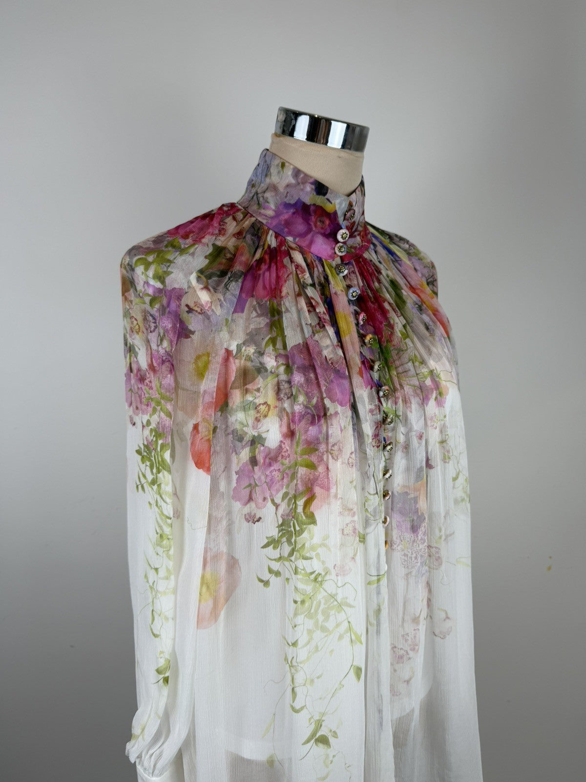 ZIMMERMANN White Floral Prima Smock Ruched Blouse - size 0/8 uk/4 us