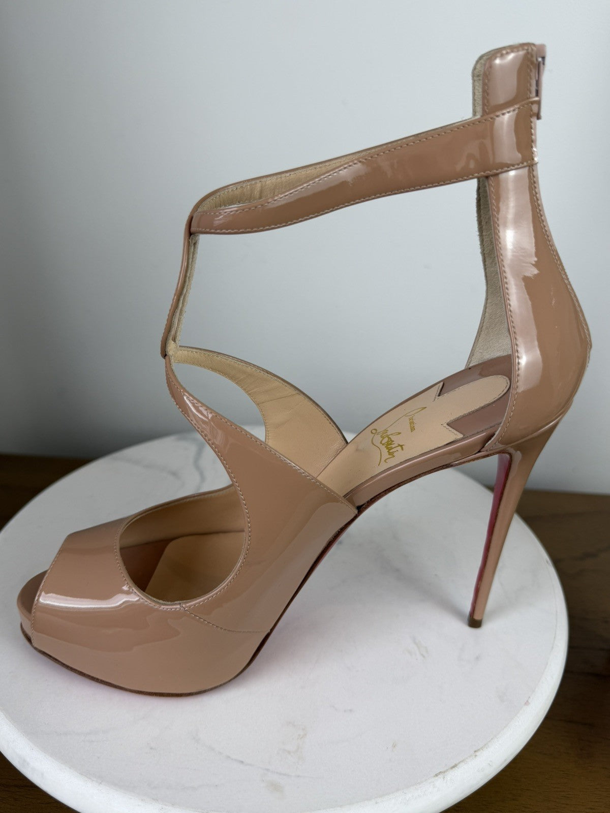 Christian Louboutin Caged Open-Toe Heeled Sandals Nude Patent – Excellent 39eu