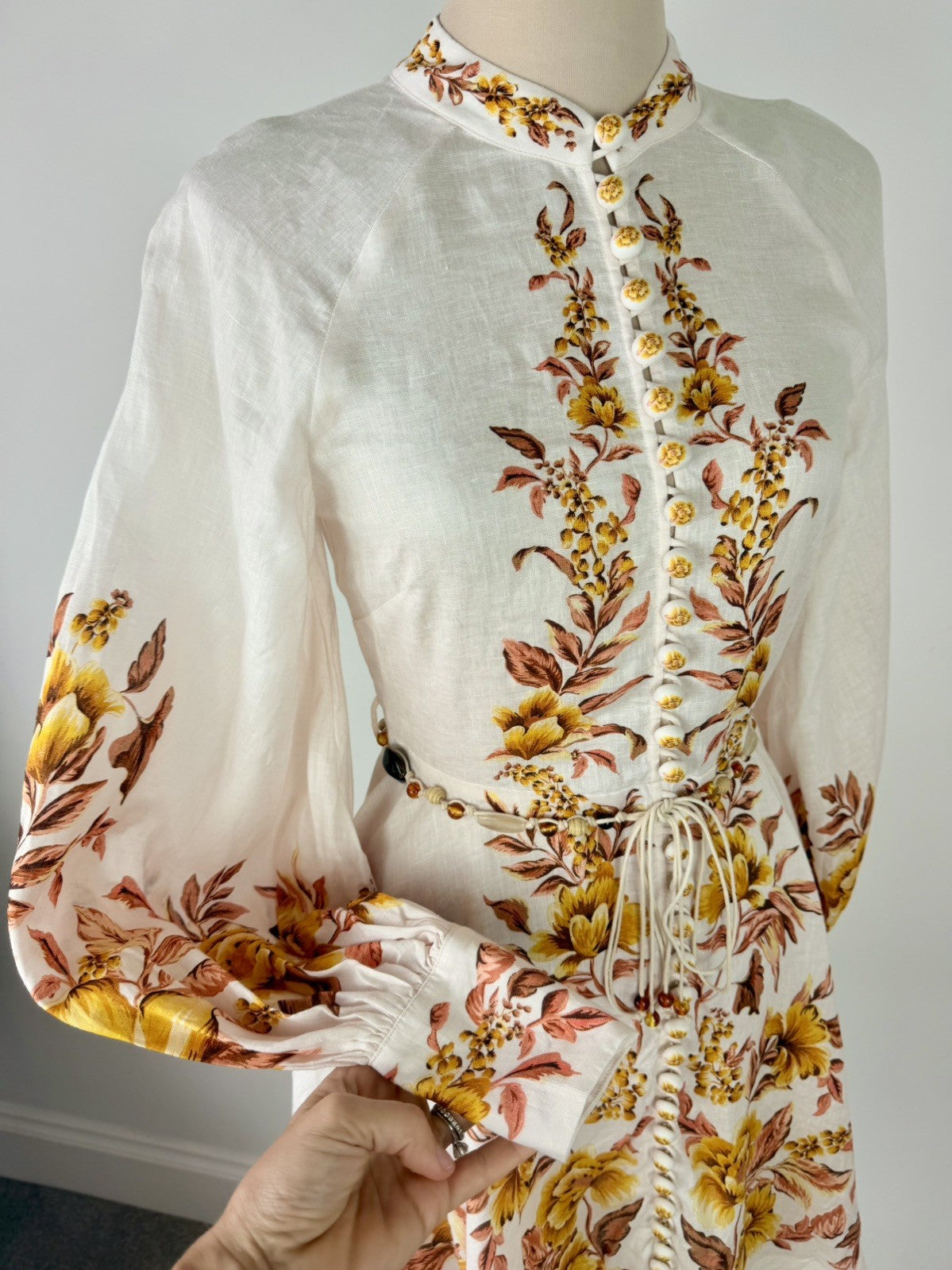 ZIMMERMANN Vacay Beaded Belted Floral-Print Linen Mini Dress Size 1 AU 10 US 4