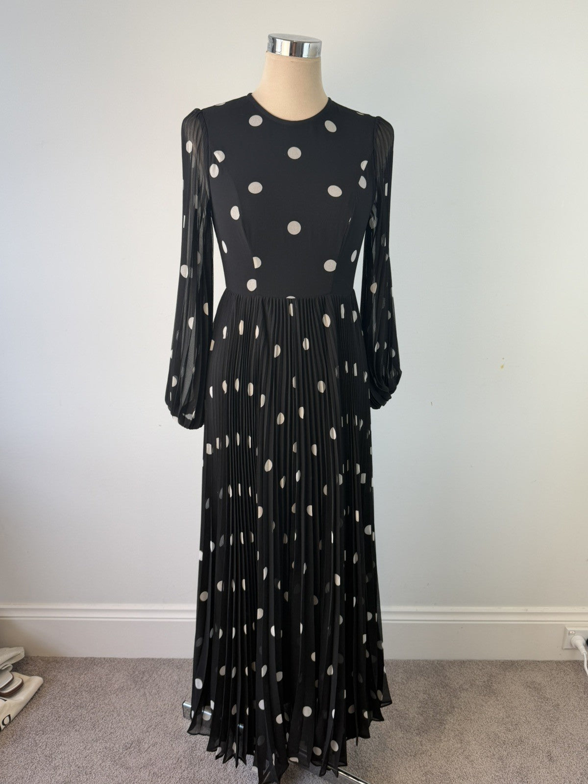 Zimmermann Dress Size 0 AU 6-8 US 2-5 Sunray Midi Pleated Polkadot Black Elegant