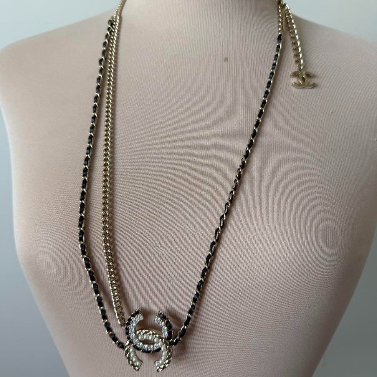 Chanel Chain Belt or Long Necklace with Gold Chain and Black Beads