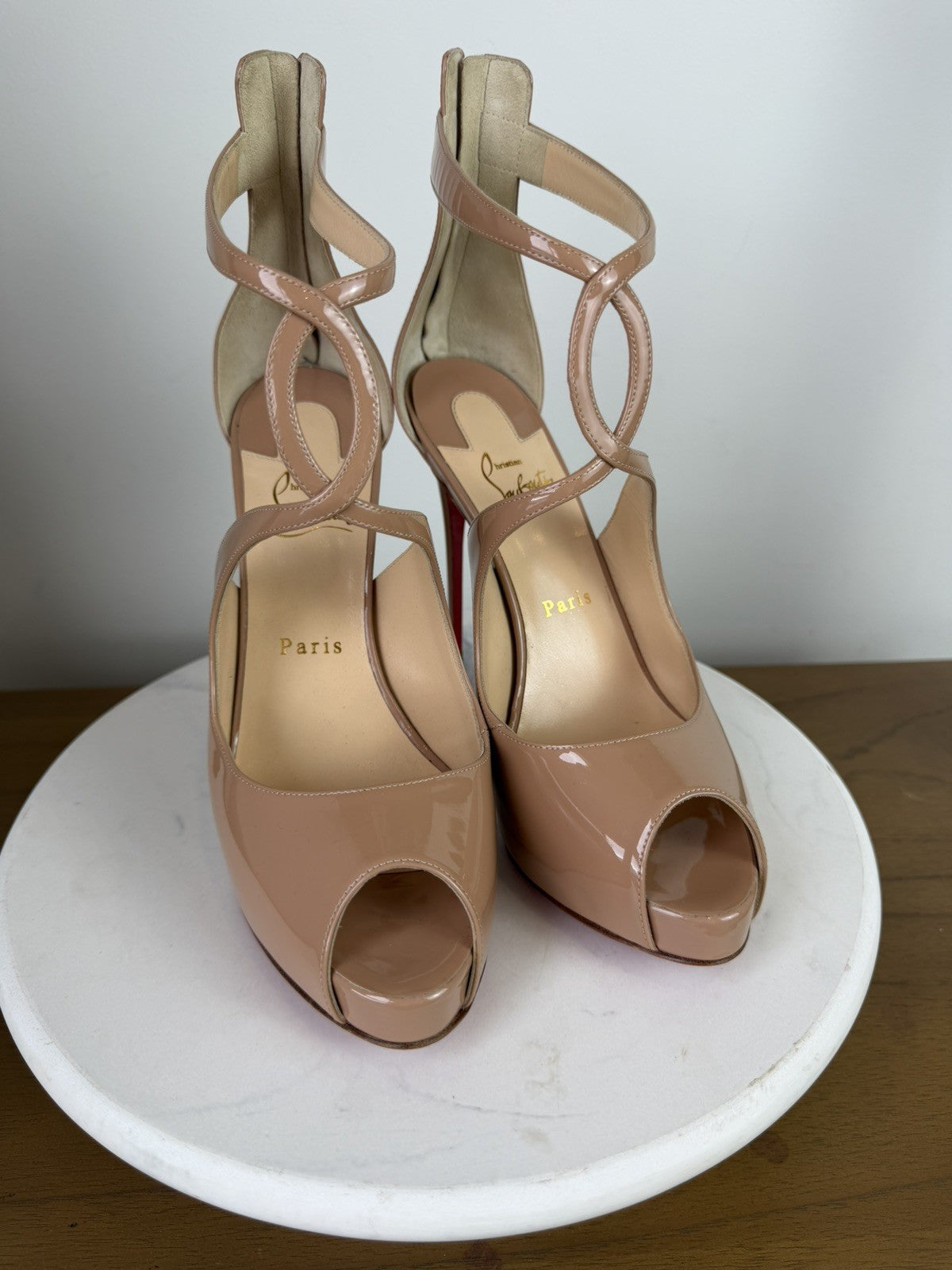 Christian Louboutin Caged Open-Toe Heeled Sandals Nude Patent – Excellent 39eu