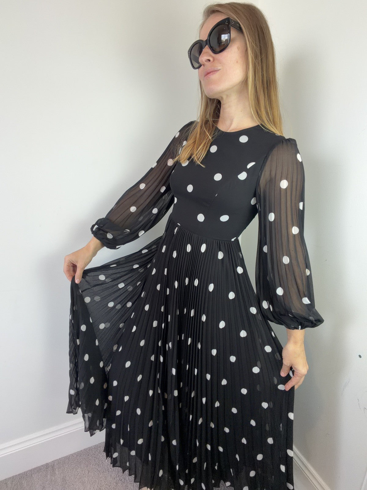 Zimmermann Dress Size 0 AU 6-8 US 2-5 Sunray Midi Pleated Polkadot Black Elegant