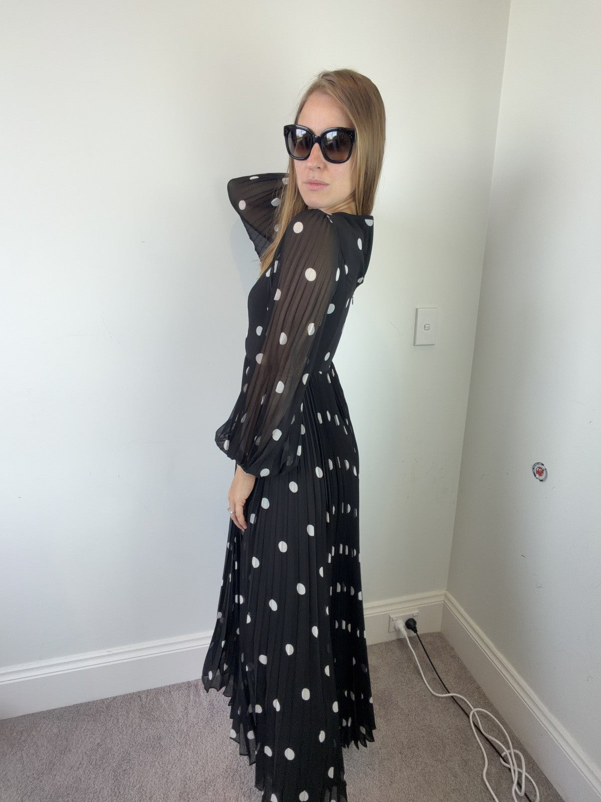 Zimmermann Dress Size 0 AU 6-8 US 2-5 Sunray Midi Pleated Polkadot Black Elegant