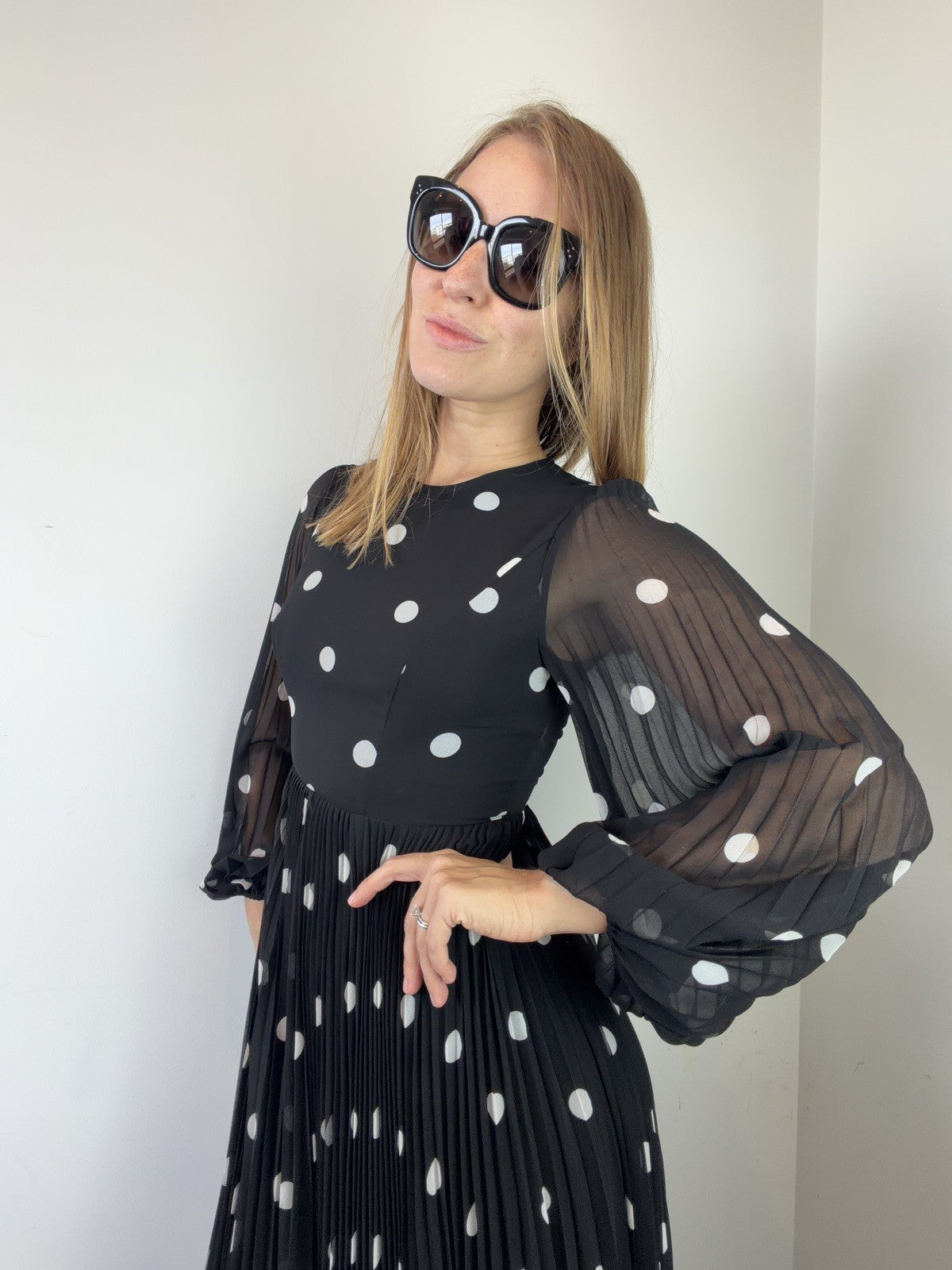 Zimmermann Dress Size 0 AU 6-8 US 2-5 Sunray Midi Pleated Polkadot Black Elegant