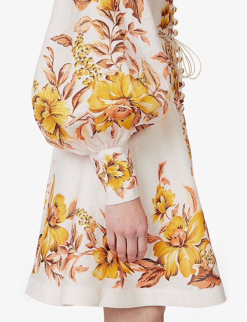 ZIMMERMANN Vacay Beaded Belted Floral-Print Linen Mini Dress Size 1 AU 10 US 4