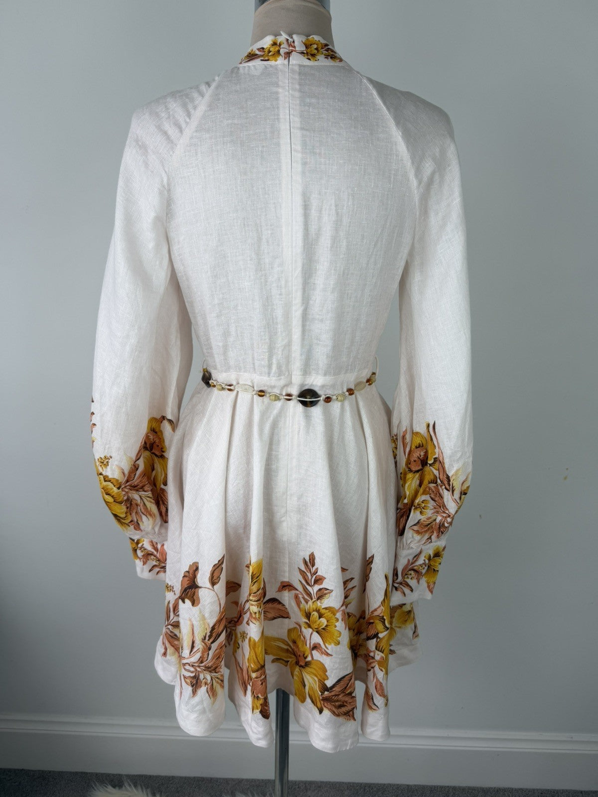 ZIMMERMANN Vacay Beaded Belted Floral-Print Linen Mini Dress Size 1 AU 10 US 4