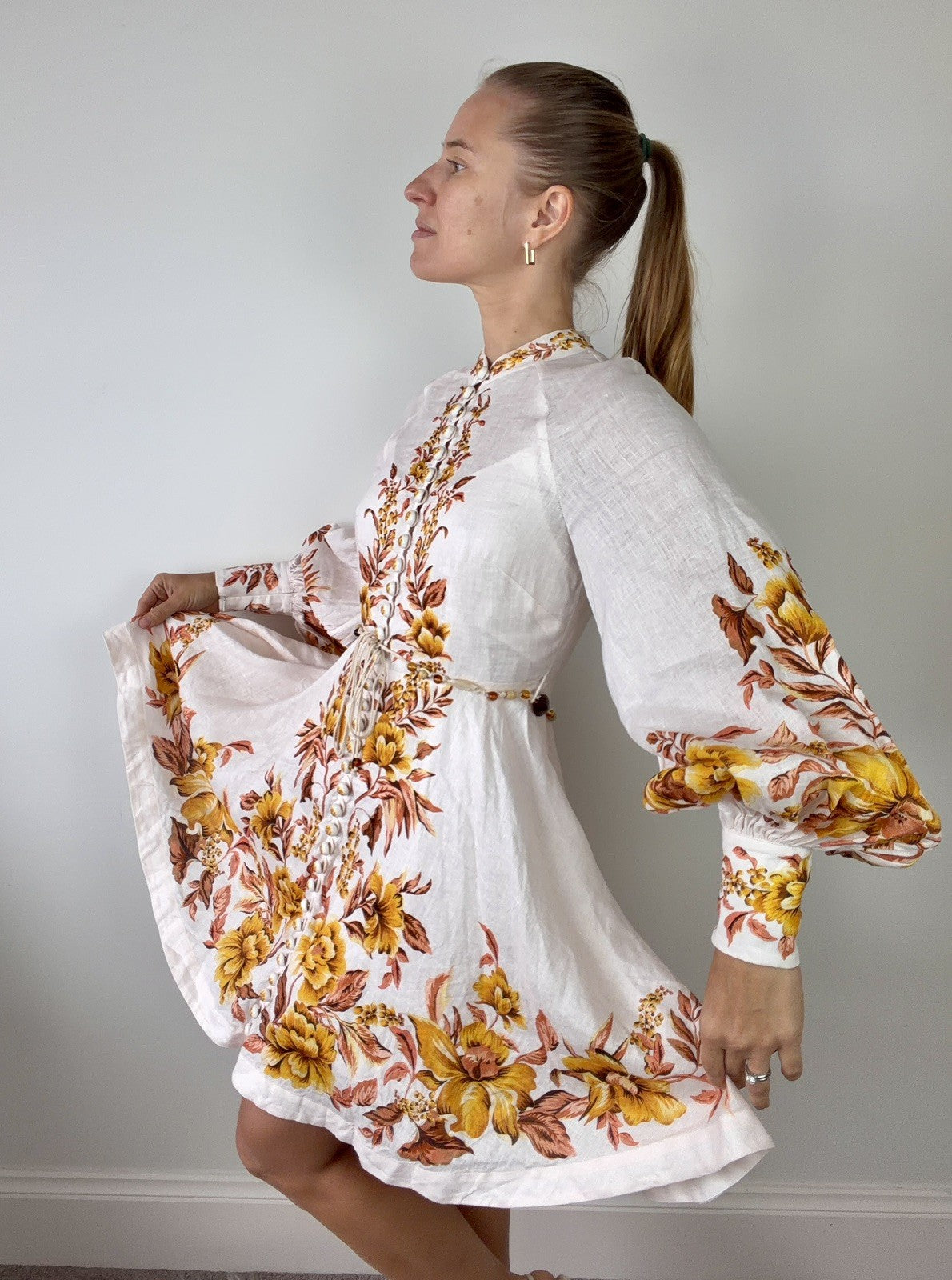 ZIMMERMANN Vacay Beaded Belted Floral-Print Linen Mini Dress Size 1 AU 10 US 4