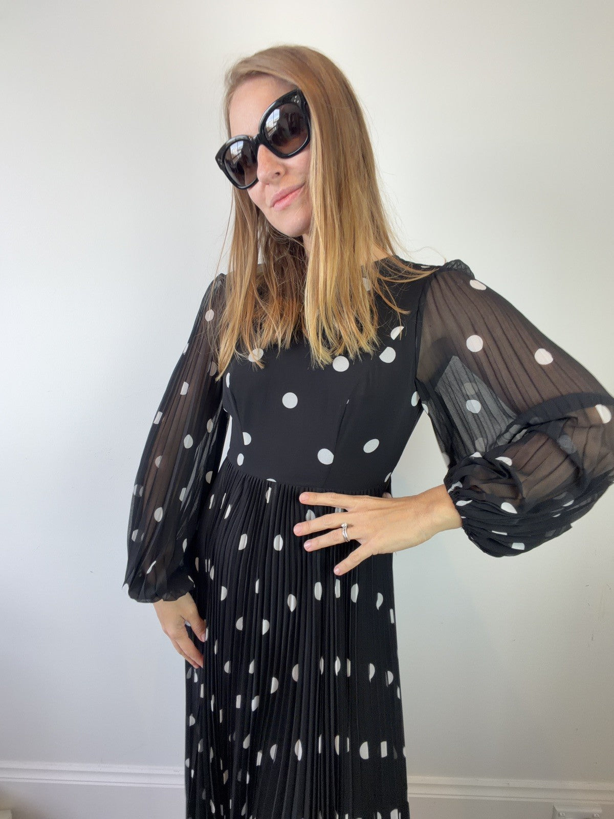 Zimmermann Dress Size 0 AU 6-8 US 2-5 Sunray Midi Pleated Polkadot Black Elegant