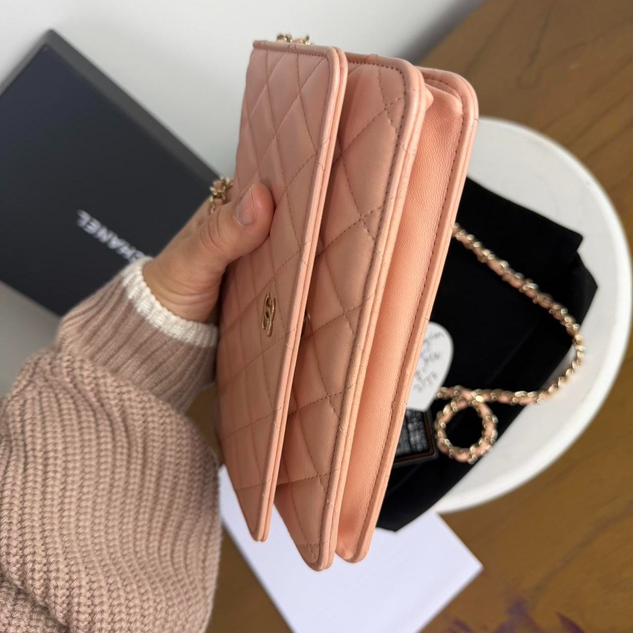 Chanel WOC pink quilted leather wallet with gold hardware #luxury #designer