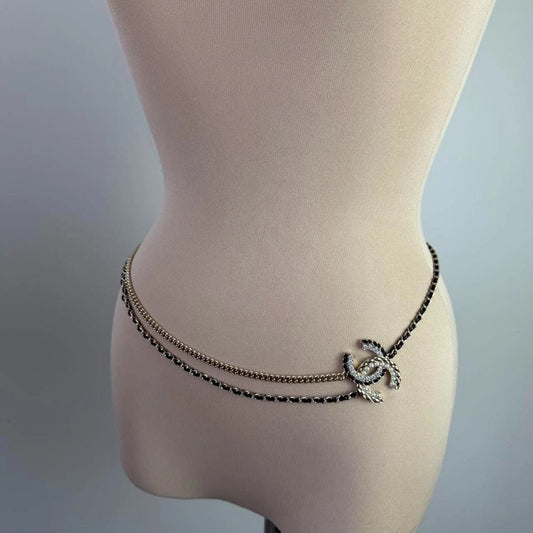 Chanel Chain Belt or Long Necklace with Gold Chain and Black Beads