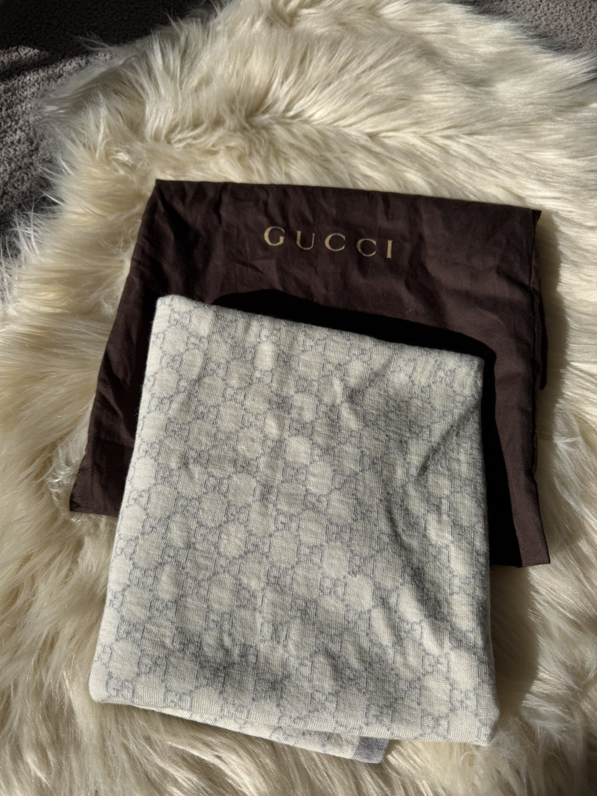 Gucci Grey Wool Scarf Shawl Baby Blanket GG Monogram
