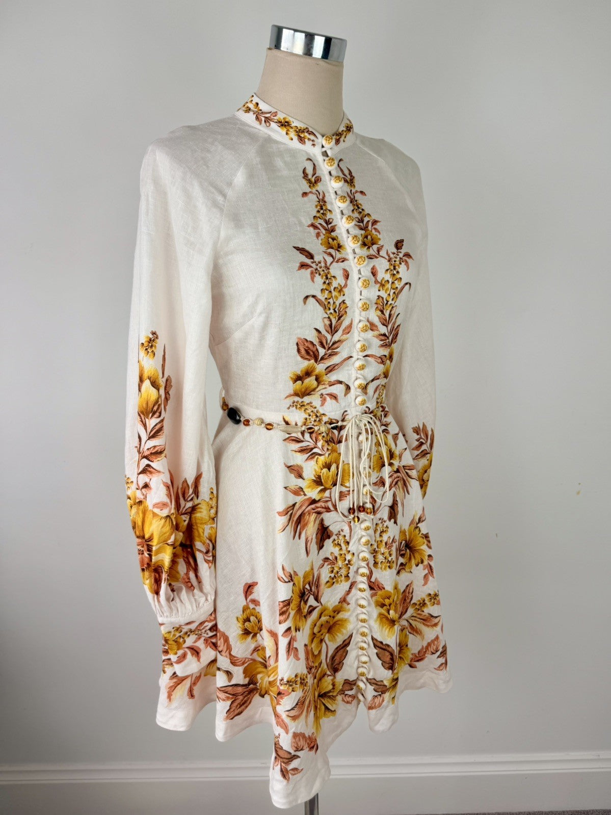 ZIMMERMANN Vacay Beaded Belted Floral-Print Linen Mini Dress Size 1 AU 10 US 4