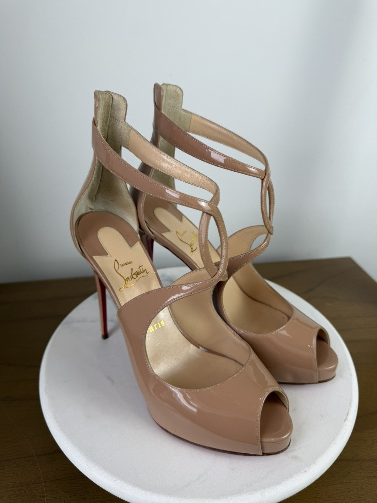 Christian Louboutin Caged Open-Toe Heeled Sandals Nude Patent – Excellent 39eu