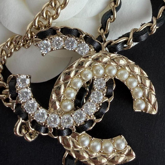 Chanel Chain Belt or Long Necklace with Gold Chain and Black Beads