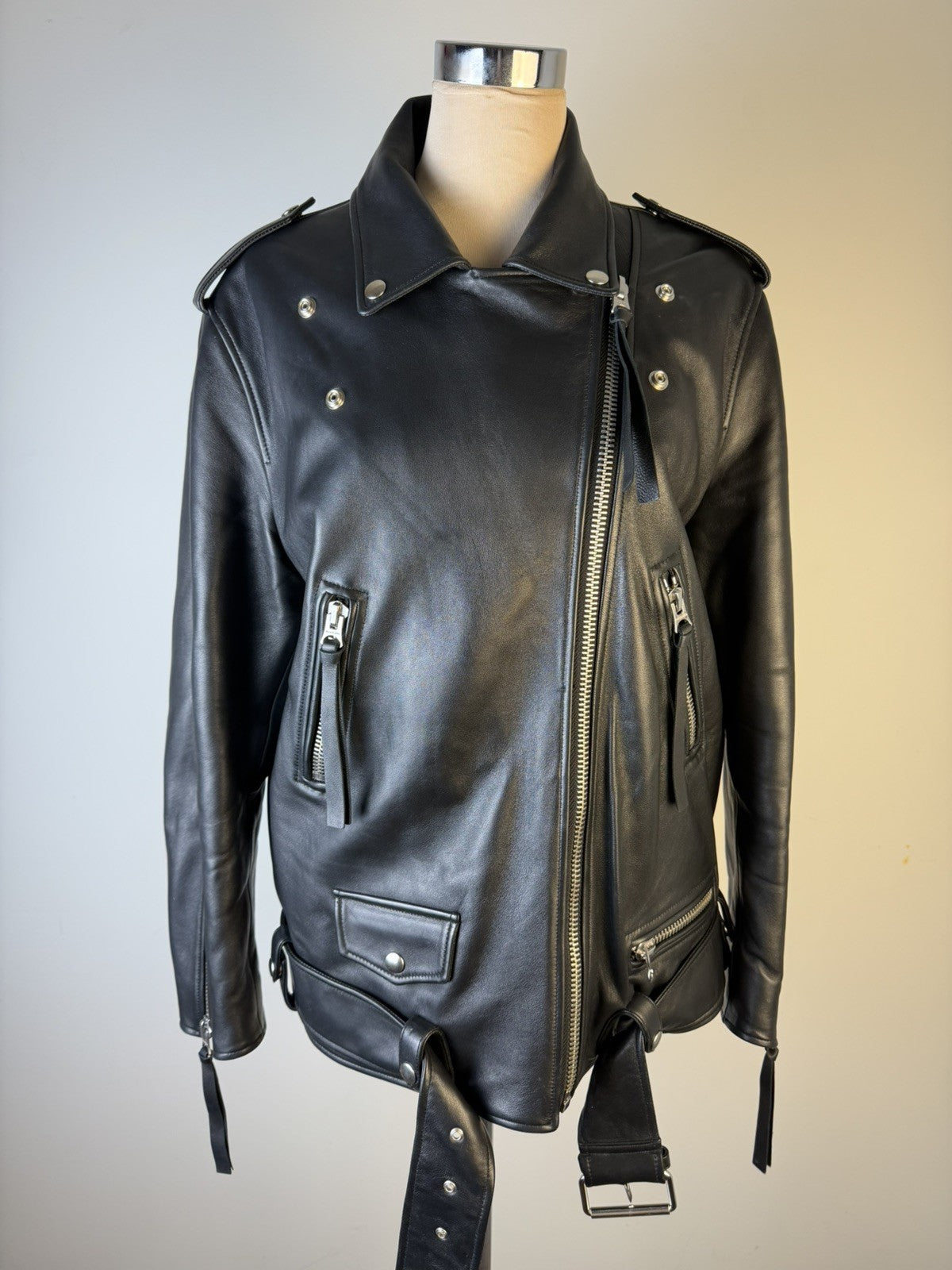 ACNE Studios Women Biker Lamb Leather Jacket Black Zip Long Sleeve Size 36