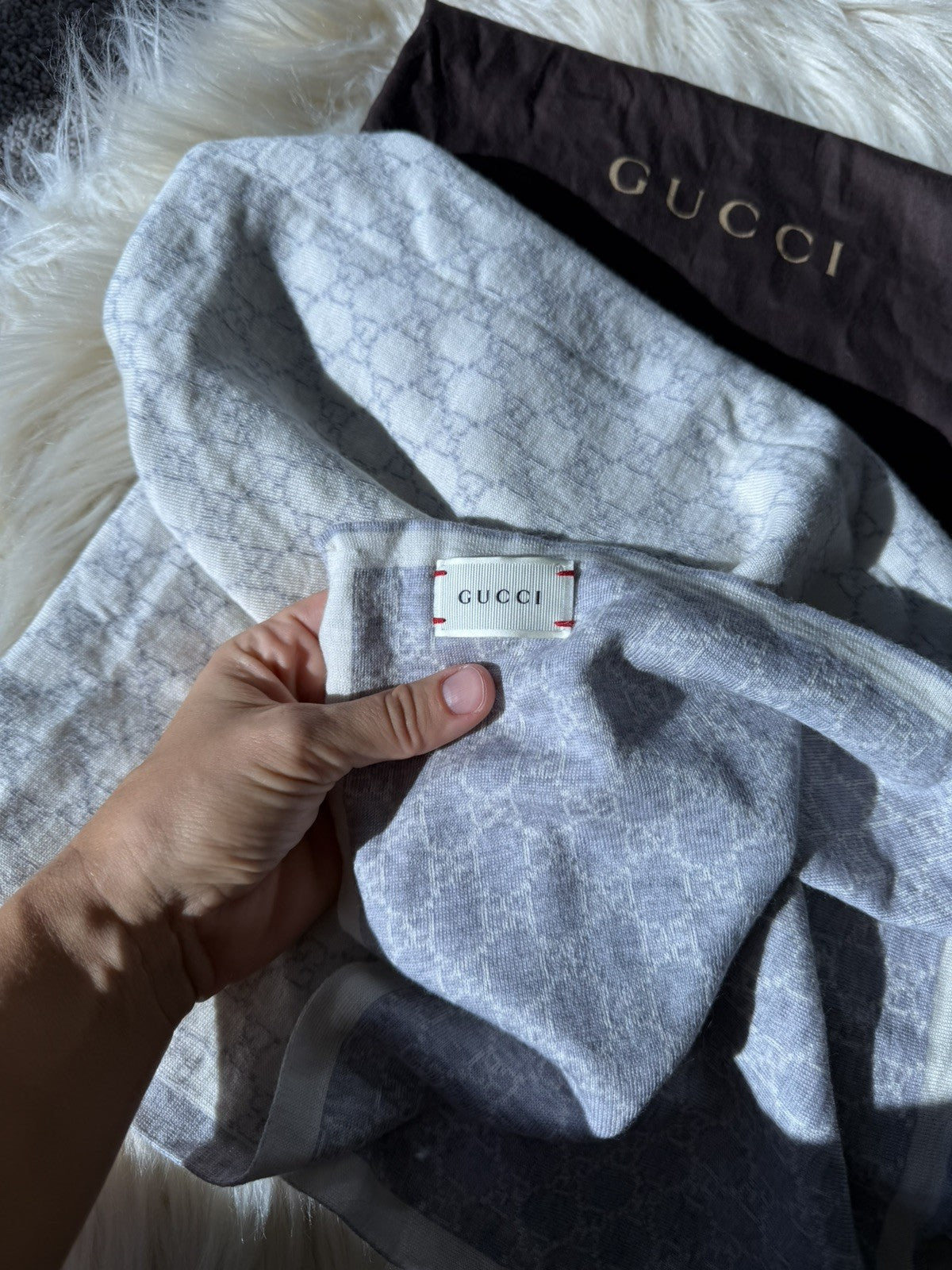 Gucci Grey Wool Scarf Shawl Baby Blanket GG Monogram