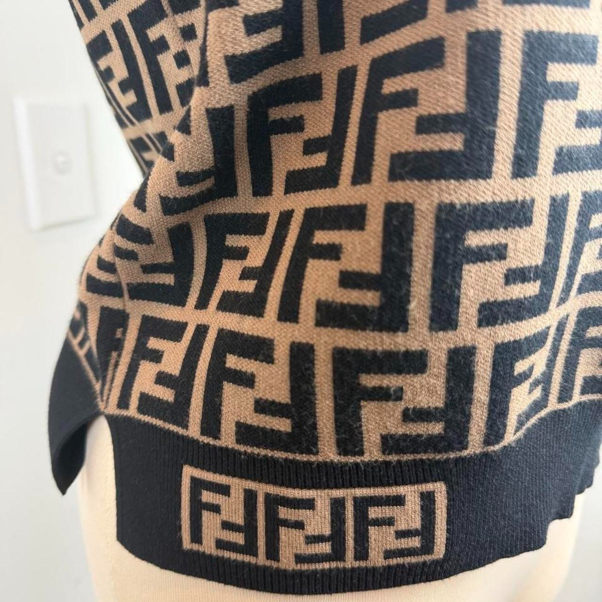 Fendi black and beige FF logo print knit top