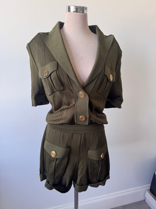 BNWT Balmain Military Knit Two-Piece Shorts Set - Khaki - Size FR 38