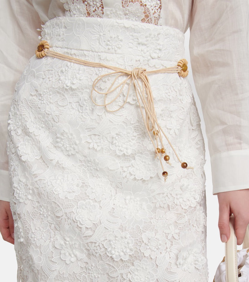 ZIMMERMANN Raie Belted Guipure Lace Midi Skirt In Ivory size 1 skirt