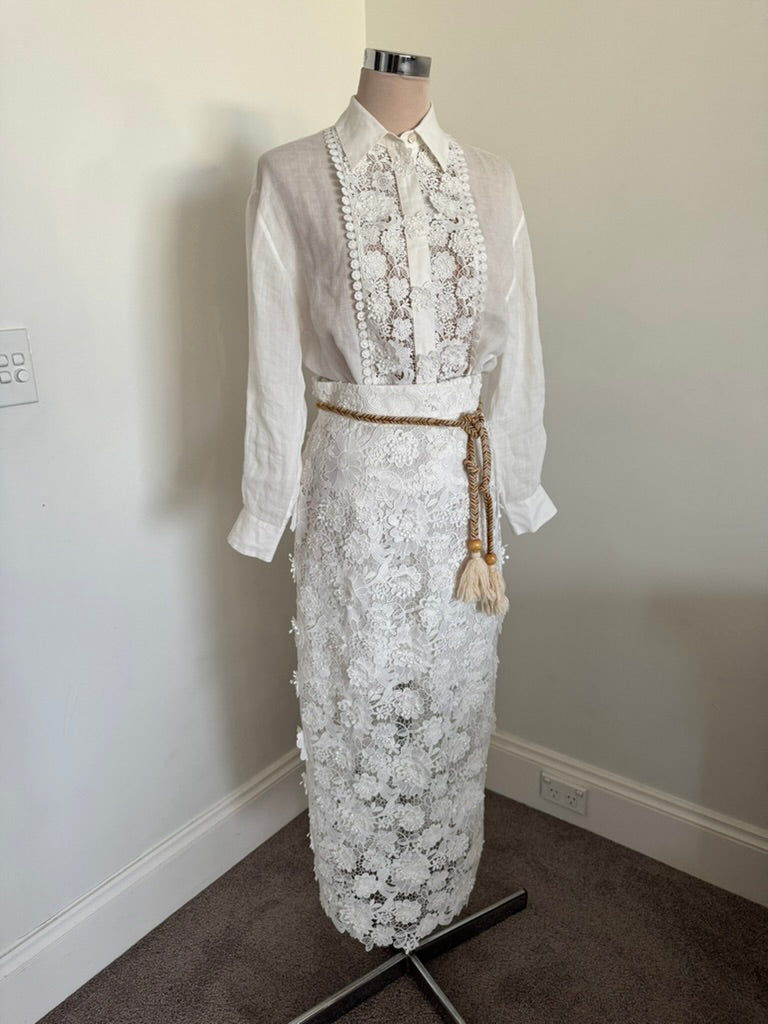 ZIMMERMANN Raie Belted Guipure Lace Midi Skirt In Ivory size 1 skirt