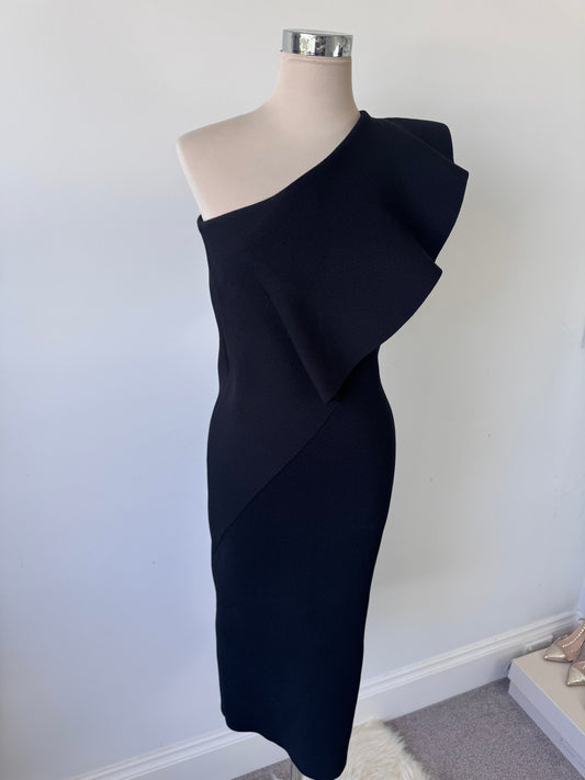 Scanlan Theodore Crepe Knit One Shoulder Ruffle Dress (Small)
