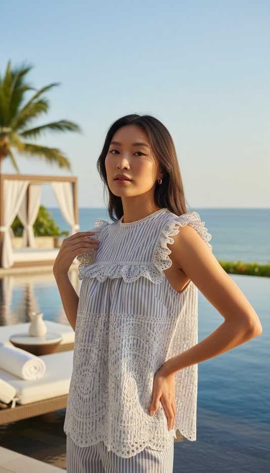 ZIMMERMANN
Woman Meridian Striped Broderie Anglaise Cotton in blue stripped  print