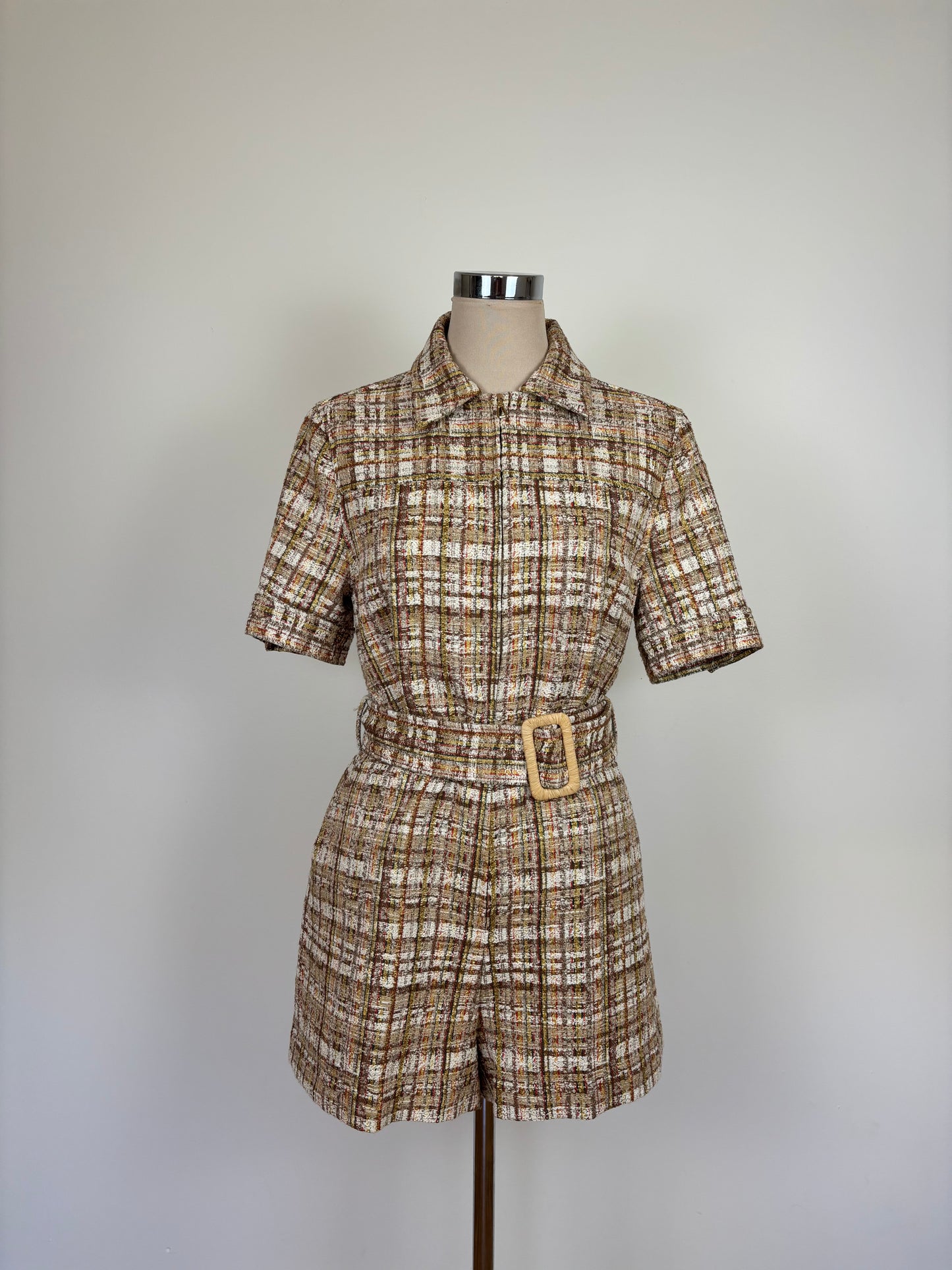 Sandro Acacia belted checked cotton-blend tweed Playsuit size 38