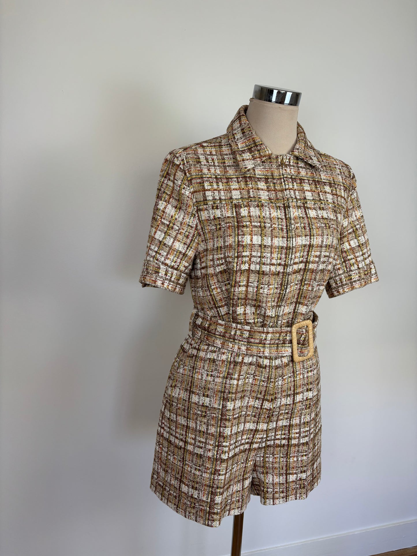 Sandro Acacia belted checked cotton-blend tweed Playsuit size 38