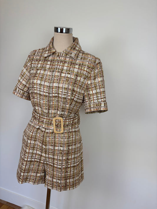 Sandro Acacia belted checked cotton-blend tweed Playsuit size 38
