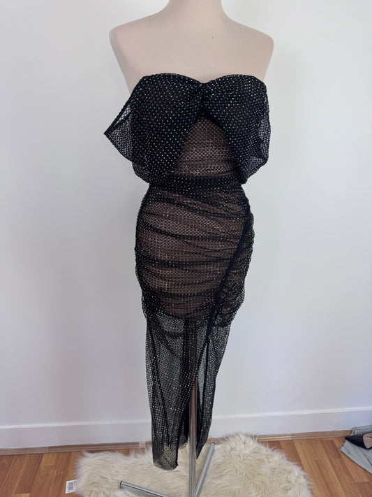 SELF-PORTRAIT diamante fishnet off shoulder midi dress black