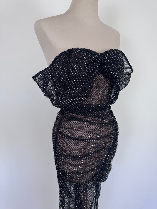 SELF-PORTRAIT diamante fishnet off shoulder midi dress black